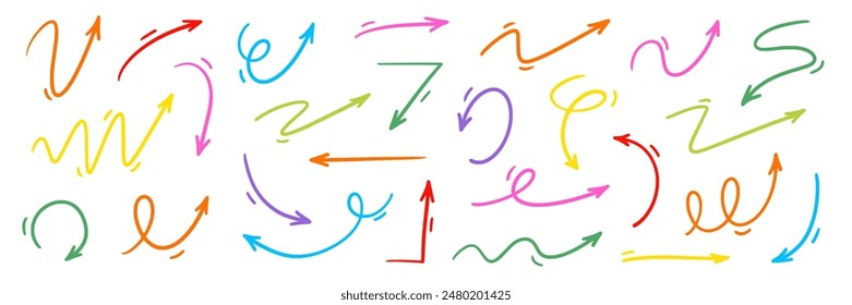 Arrow vector hand drawn sketch icon set. Doodle sketch hand drawn color direction element set. Color doodle line graphic design elements. Left, right, growth direction arrow. Vector illustration