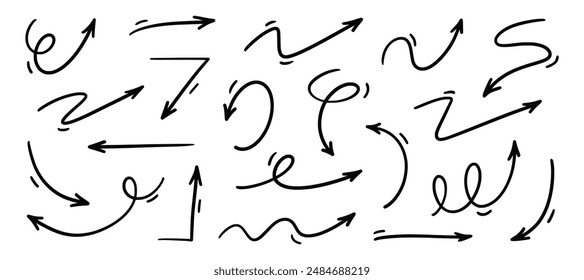 Conjunto de Vectores de flecha dibujados a mano. Conjunto de elementos de dirección negros dibujados a mano de Doodle sketch. Elementos de Diseño gráfico de línea de garabatos. Izquierda, derecha, flecha de dirección de crecimiento. Ilustración vectorial