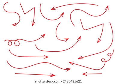 Arrow vector hand drawn sketch icon set. Doodle sketch hand drawn direction element set. Pencil doodle flat line design cartoon elements. Scribble swirl arrow sign. Vector illustration.