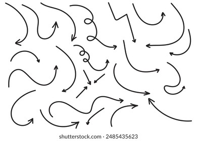 Arrow vector hand drawn sketch icon set. Doodle sketch hand drawn direction element set. Pencil doodle flat line design cartoon elements. Scribble swirl arrow sign. Vector illustration.