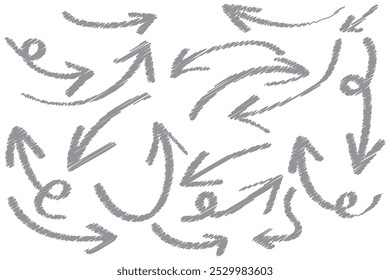 Conjunto de ícones de esboço desenhado à mão com vetor de seta. Desenho de rabiscar conjunto de elementos de direção desenhados à mão. Lápis doodle linha plana design elementos de desenho animado. Sinal de seta em espiral de rabisco. Ilustração vetorial.