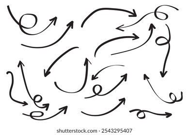 Arrow vector hand drawn sketch icon set. Doodle sketch hand drawn direction element set. Pencil doodle flat line design cartoon elements. Scribble swirl arrow sign. Vector illustration.