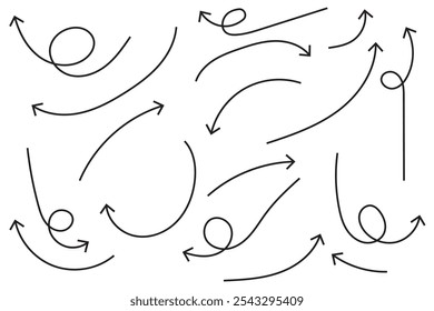 Conjunto de iconos de Vector de flecha dibujado a mano. Conjunto de elementos de dirección dibujados a mano de boceto de Doodle. Elementos de dibujos animados de diseño de línea plana doodle de lápiz. Signo de flecha de remolino de garabato. Ilustración vectorial.