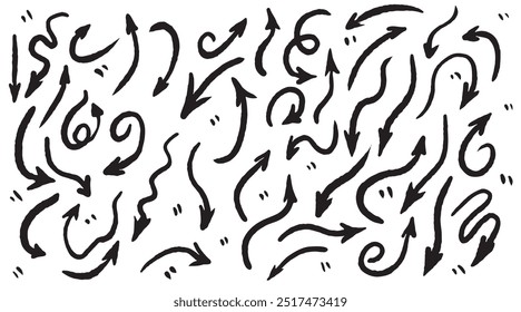 Vector de flecha Línea dibujada a mano Icono Boceto Elemento Conjunto de pincel Lápiz Pluma Marcador Garabato Trazo Signo Diseño de tiza del corazón Marca gráfica Textura Fondo Subrayado Marco de crayón Grunge Lindo Abstracto