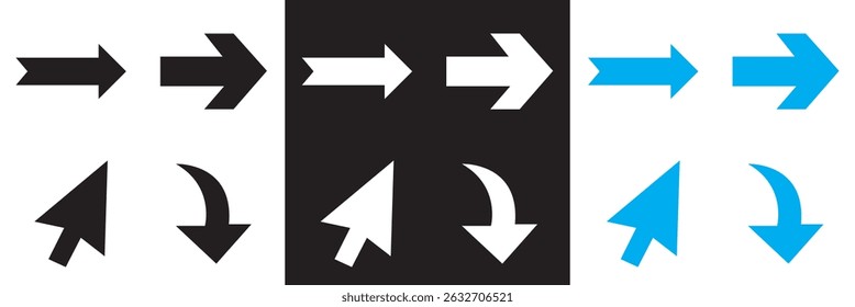 Arrow  vector icon.  black, white, and blue directional icons. Diverse arrow shapes. Vector for websites, mobile interfaces, presentations, banner, visual branding etc. Vector illustration. EPS 10
