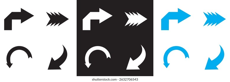 Ícone de vetor de seta. ícones direcionais preto, branco e azul. Formas de seta diversificadas. Vetor para sites, interfaces móveis, apresentações, banner, marca visual etc. Ilustração vetorial. EPS 10