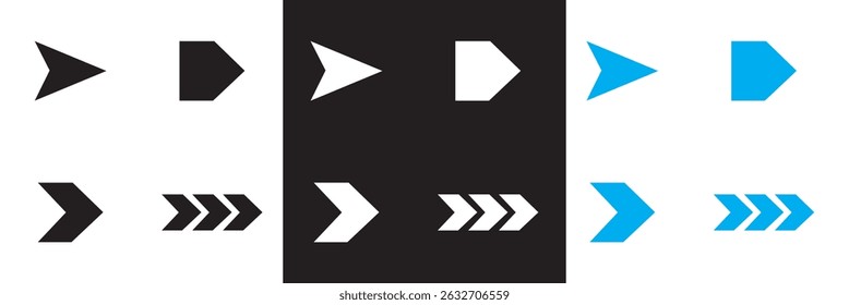 Icono de Vector de flecha. iconos direccionales negros, blancos y azules. Diversas Formas de flecha. Vector para Sitios web, interfaces móviles, presentaciones, Anuncio, imagen de marca, etc. Ilustración vectorial. EPS 10