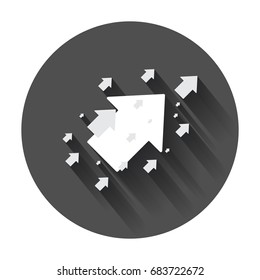 Arrow up vector icon. Forward arrow sign illustration. Business concept on black round background with long shadow.