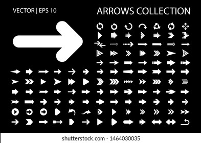 Arrow vector icon isolated set on black background. Button arrow infographic vector icon next, previous, pointer design digital element collection. Vector arrow icon template. Download and down arrow 