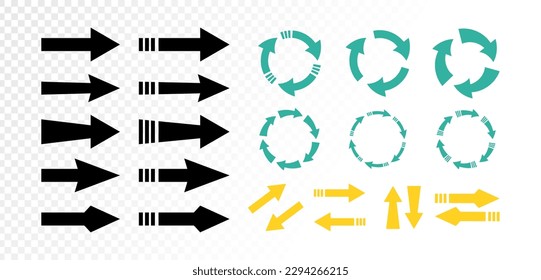 Arrow vector icon set. Black arrow icon, Green arrows recycle symbols, and Yellow arrows on transparent background. Arrow vector. Vector illustration.