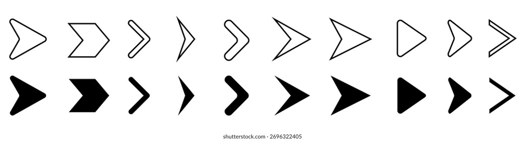 Conjunto de iconos de Vector de flecha. Colección de signo de ilustración de dirección de signo. Símbolo o logotipo del puntero.