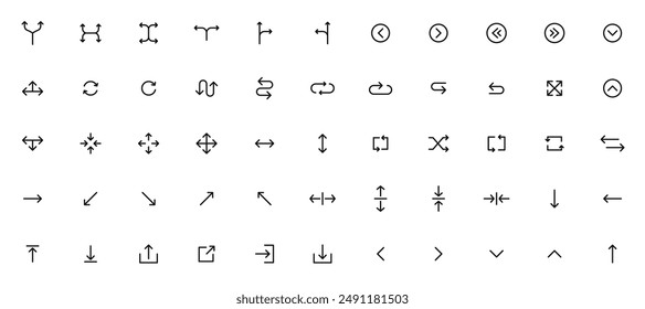 Arrow vector icon set in thin line style.Collection vector arrows icon set for media controls and pointers collection on white background. Vector illustration