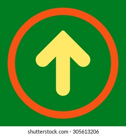 Arrow Up vector icon. This rounded flat symbol is drawn with orange and yellow colors on a green background.