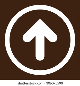 Arrow Up vector icon. This rounded flat symbol is drawn with white color on a brown background.