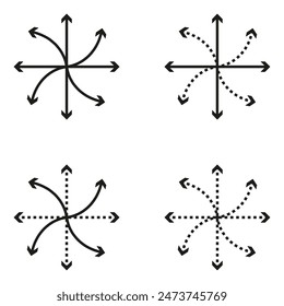 Arrow vector icons. Curved and dotted lines. Directional symbol set. Simple black design.