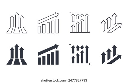 Iconos vectoriales de flecha arriba. Símbolo de flecha derecha sólido y de línea. Logotipo para negocios, marketing, finanzas. Crecimiento de los ingresos, dirección del movimiento, beneficios, inversiones, ingresos y ahorros. Ilustración estándar