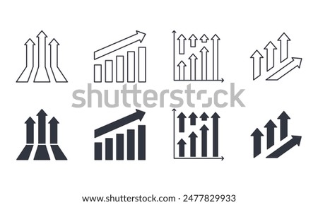 Up arrow vector icons. Line and solid right arrow symbol. Logo for business, marketing, finance. Income growth, direction of movement, profit, investment, revenue and savings. Stock illustration