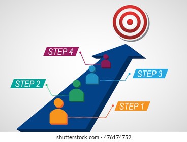 Arrow vector illustration of 4 steps to success with target and dart.