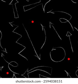  Arrow vector illustration seamless pattern.  on a black background.  drawn by hand with a brush coal, chalk,