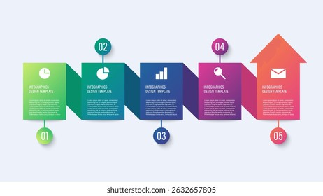 Modelo de infográfico de vetor de seta para cima. Processo de cinco etapas com ícones e dados de negócios