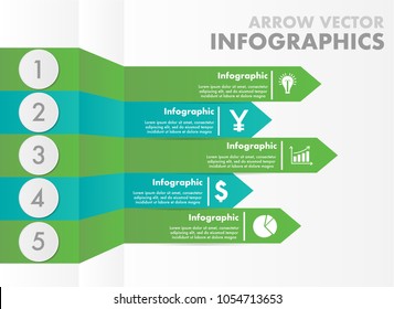 Arrow vector infographics in 5 steps,options,components, in green color with small icon of pie chart,dollar sign,yen sign,graphs,light bulb for presentation,background,slide show