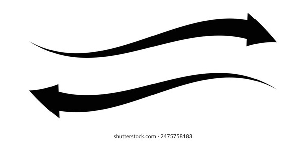 Arrow vector. Arrow to left and right icon. Isolated arrow icon on white background. Long curve black arrow set.