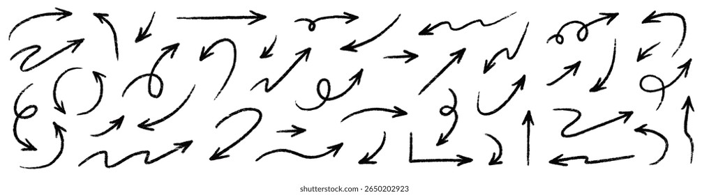 Arrow vector line icon set. Hand drawn brush sketch arrow line curve up, down shape chalk texture element set. Abstract grunge scribble chalk crayon style. Vector illustration