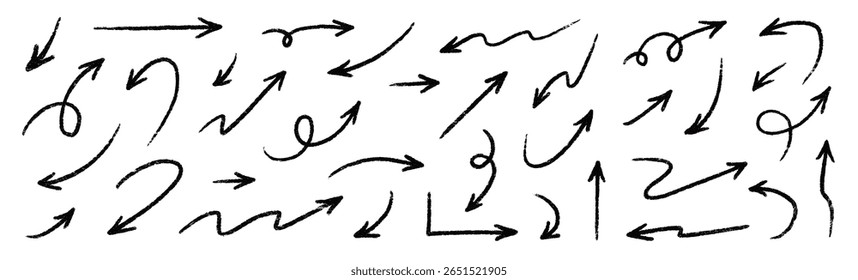 Arrow vector line icon set. Hand drawn brush sketch arrow line curve up, down shape chalk texture element set. Abstract grunge scribble chalk crayon style. Vector illustration