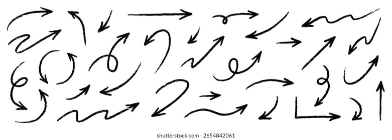 Conjunto de iconos de línea de Vector de flecha. Curva de línea de flecha de boceto de pincel dibujado a mano arriba, abajo forma tiza textura elemento conjunto. Abstractas estilo de crayón de tiza de garabato grunge. Ilustración vectorial