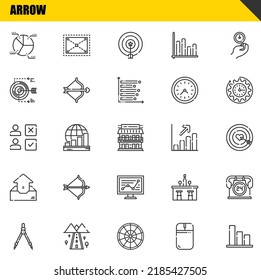 arrow vector line icons set. pie chart, compass and choice Icons. Thin line design. Modern outline graphic elements, simple stroke symbols stock illustration