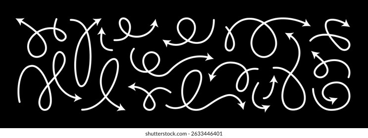 Arrow vector line set. Curved shape doodle brush element arow. Squiggly scribble direction up down abstract pointer. Change plan abstract stroke graphic sign. Curly circle looped spiral swirl map path