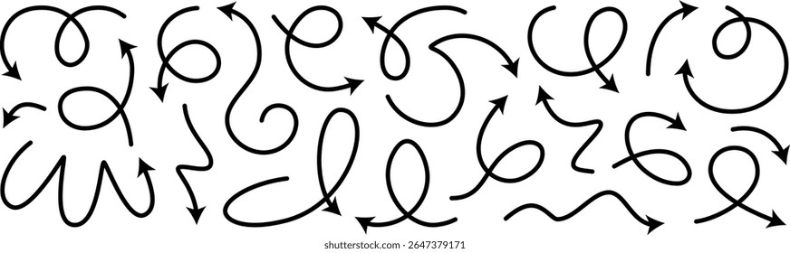 Arrow vector line set. Curved shape doodle brush element arow. Squiggly scribble direction up down abstract pointer. Change plan abstract stroke graphic sign. Curly circle looped spiral swirl map path