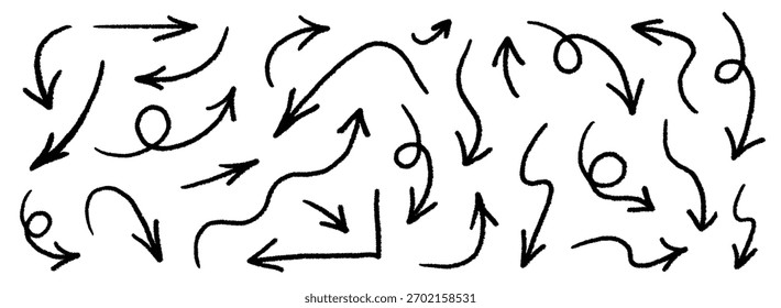 Symbolsatz für Pfeilvektorlinien-Skizze. Abstrakte, handgezeichnete Auflistung von Pinselpfeilen. Linie Kurve nach oben, unten Form Kreide Textur Element Set. Grunge Kritzelkreide Stil. Vektorgrafik