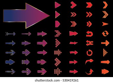 Arrow vector purple curve line up 3d button icon set interface symbol for app, web and music digital illustration design. Application isolated flat sign collection on black background