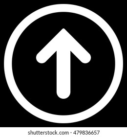 Arrow Up vector rounded icon. Image style is a flat icon symbol inside a circle, white color, black background.