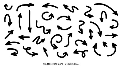 Arrow Vector Set in Hand Drawn Style Isolated on White Background.  Direction Signs