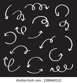 Arrow vector set isolated on black background. Trendy collection of different arrows for web site, app and logo. Hand drawn, vector illustration
