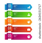 Arrow vertical infographic template. Five steps or options with icons and space for data. Vertical timeline infographic