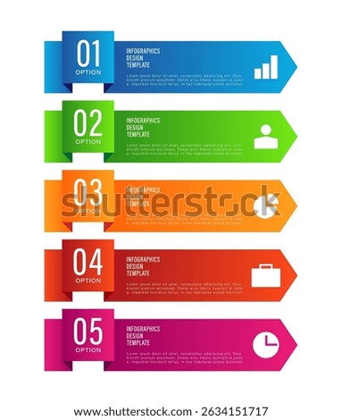 Arrow vertical infographic template. Five steps or options with icons and space for data. Vertical timeline infographic