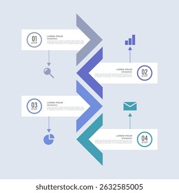 Modelo de infográfico vertical em seta. Quatro processos ou opções com ícones e espaço para dados