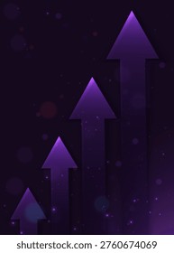 Arrow vertical purple upward on dark purple background with glowing bokeh and sparkles. Business investment growth concept. Vector 