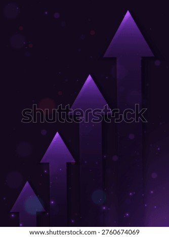 Arrow vertical purple upward on dark purple background with glowing bokeh and sparkles. Business investment growth concept. Vector 