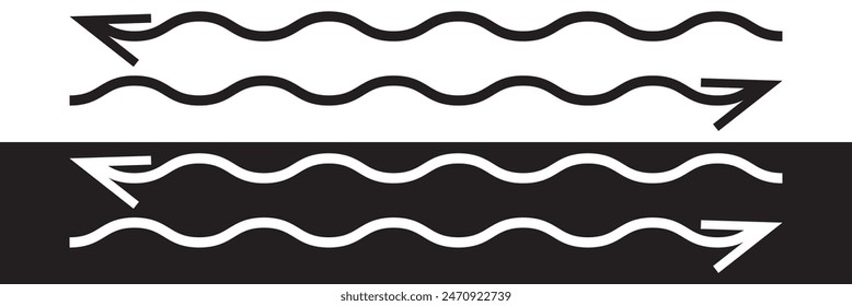 Arrow wavy black vector icon. Simple black arrow vector. Pointer to the right vector arrow on white and black background. Vector illustration.