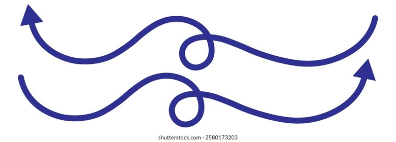 Arrow wavy blue vector icon. Simple blue arrow vector. Pointer to the right vector arrow. Curvy, wavy, waving arrows shape set