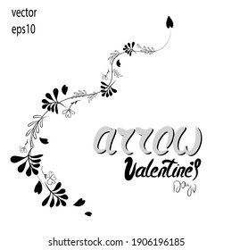 Arrow. Wavy pointer. Isolated element on a white background. Tattoo. Valentine's Day. wedding. Floral element. Heart. Vintage vector illustration.