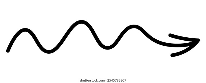 Arrow wavy. Sketch. Hand drawn black pointer. Vector illustration. Oscillating sign pointing to the right. Outline on isolated white background. Doodle style. Idea for web design.