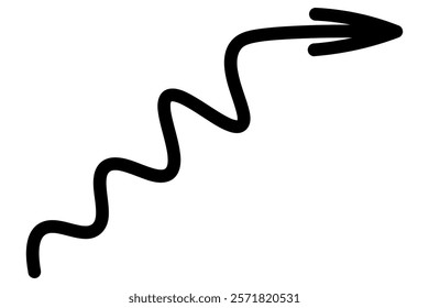 Arrow wavy. Sketch. Hand drawn black pointer. Vector illustration. Oscillating sign pointing right and up. Outline on isolated white background. Doodle style. Idea for web design.