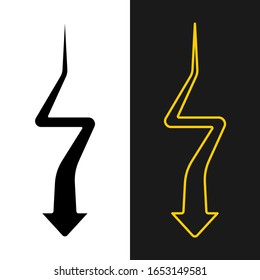 Arrow way down from far to near with turns. Zig zag oncoming arrow road symbol. Pointer from a distance to close position.