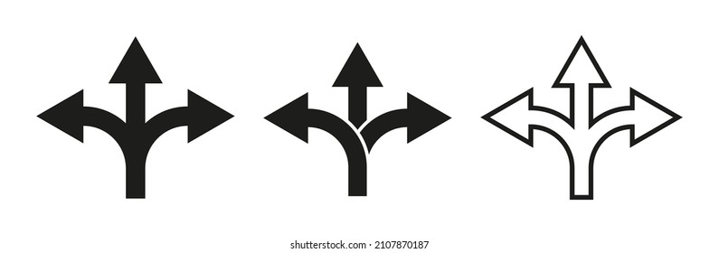 Icono de flecha con tres opciones de carretera. La elección del camino. Elegir la decisión en una división de dirección. Cruce, incertidumbre y oportunidad de elección. 3 direcciones en cruce. Vector.