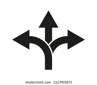 Arrow way with three options of road icon. Choice of pathway. Choose of decision in split of direction. Crossroad, uncertainty and choice opportunity. 3 directions on junction. Vector.
